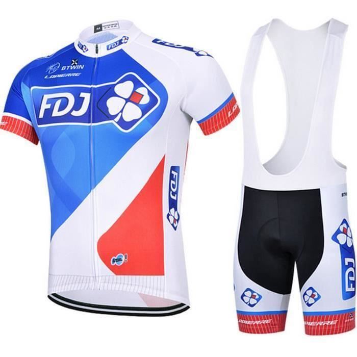 FDJ Maillot de Cyclisme Manches Courtes + Cuissard avec bretelle Vélo Ville Homme Ensemble de Vêtement Selle de silicone VTT