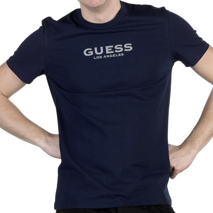 GUESS - T-shirt ajusté Bleu nuit col rond - Homme