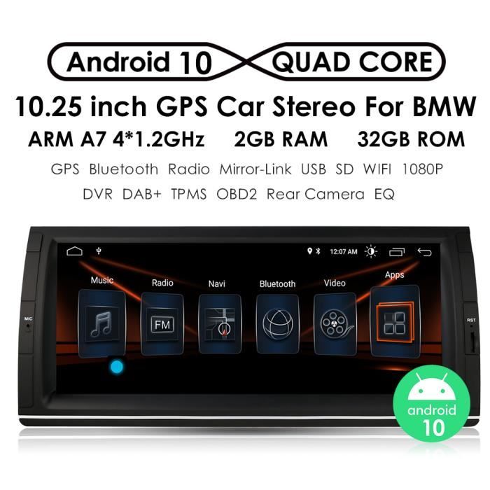 10.25 ''autoradio multimédia 1 Din Android 10 pour BMW E39 X5 E53 RDS écran MirrorLink GPS haut-parleurs Audio stéréo Bluetooth