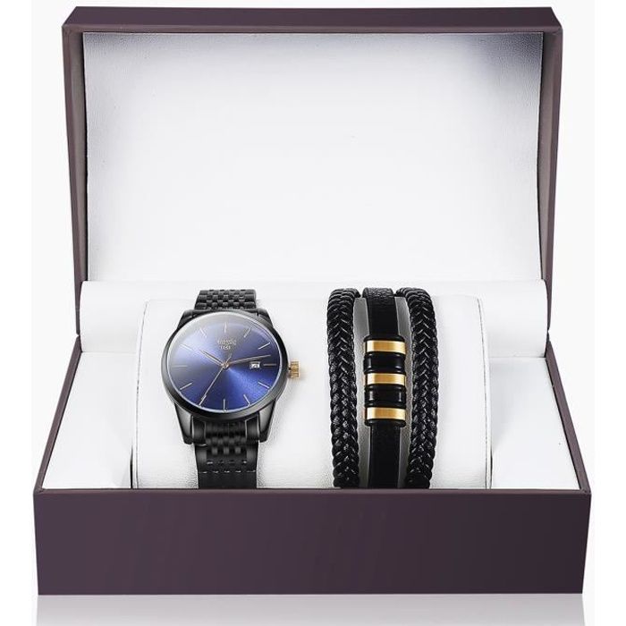 SHARPHY Coffret Montre Homme + Bracelet Homme - Quartz Simple Etanche Bleu
