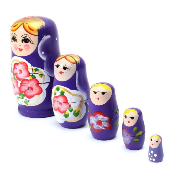 TEMPSA 5PCS Poupée Russe Gigogne Fleur Bois Main Babushka Cadeau Noël VIOLET