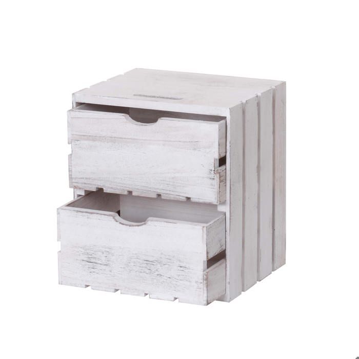 Petit meuble de rangement table de chevet en bois style vintage 2 tiroirs 36x32x26cm blanc 04_0002484
