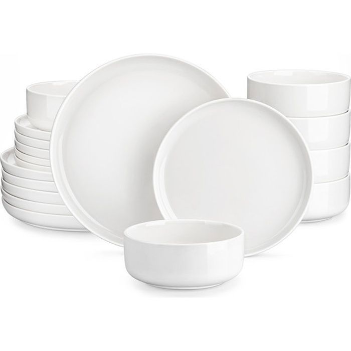 MALACASA Vaisselle Seris LUNA 18 pièces Service de Table Assiettes / Salade Plates et de Bols pour 6 Personnes - Blanc