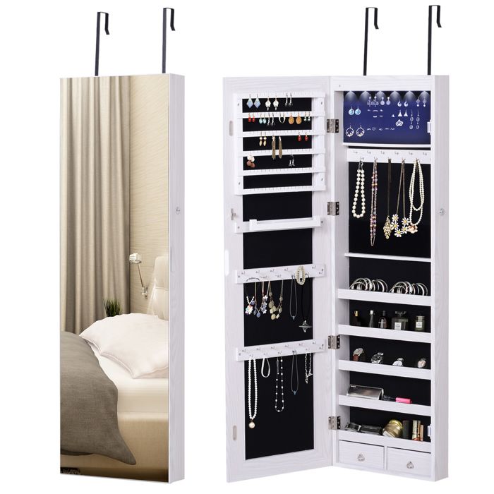 Armoire à bijoux suspendue au mur ou à la porte - HOMCOM - avec miroir - LED - 5 étagères - 2 tiroirs - 37x10x120cm effet bois grisé