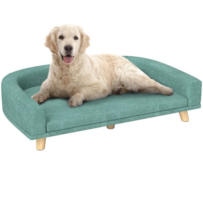 Canapé chien lit pour chien design scandinave coussin déhoussable dim 98L x 67l x 25H cm pieds bois tissu polyester vert