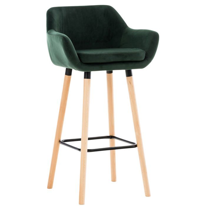 Tabouret de bar lounge x1 design scandinave assise en velours vert pieds en bois repose pieds en metal 10_0004911