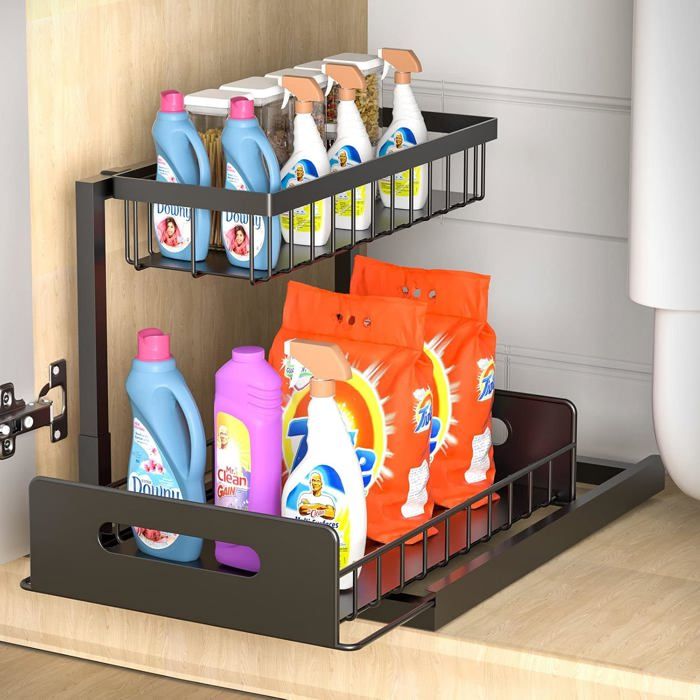 Rangement Sous Evier cuisine Acier Inoxydable 2 Niveaux Coulissant Etagere Sous Evier de Cuisine Haute Qualité Organisateur Sous