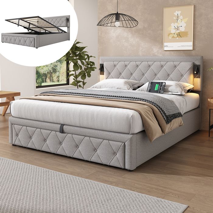 Lit coffre 160x200cm en tissu lin - avec liseuse et prise USB - avec sommier à lattes - Gris