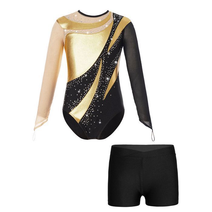 ranrann Enfant Fille Justaucorps Manche Longue Strass Gymnastique Patinage Danse avec Legging Costume Spectacle Tenue 5-16 Ans Blanc 5-6 ans