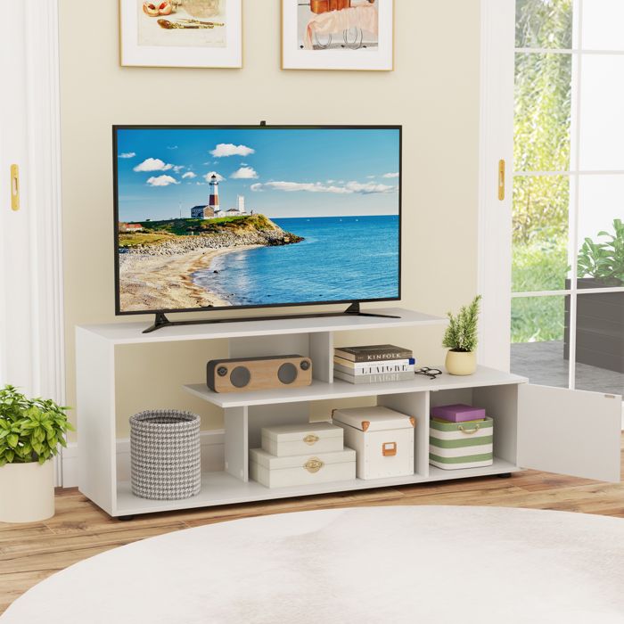 COSTWAY 55 Meuble TV à 3 Niveaux 1 Porte et Étagère Ouverte Centre de Divertissement pour Salon Chambre Blanc COSTWAY 55 Meuble TV à 3 Niveaux 1 Porte et Étagère Ouverte Centre de Divertissement pour Salon Chambre Blanc