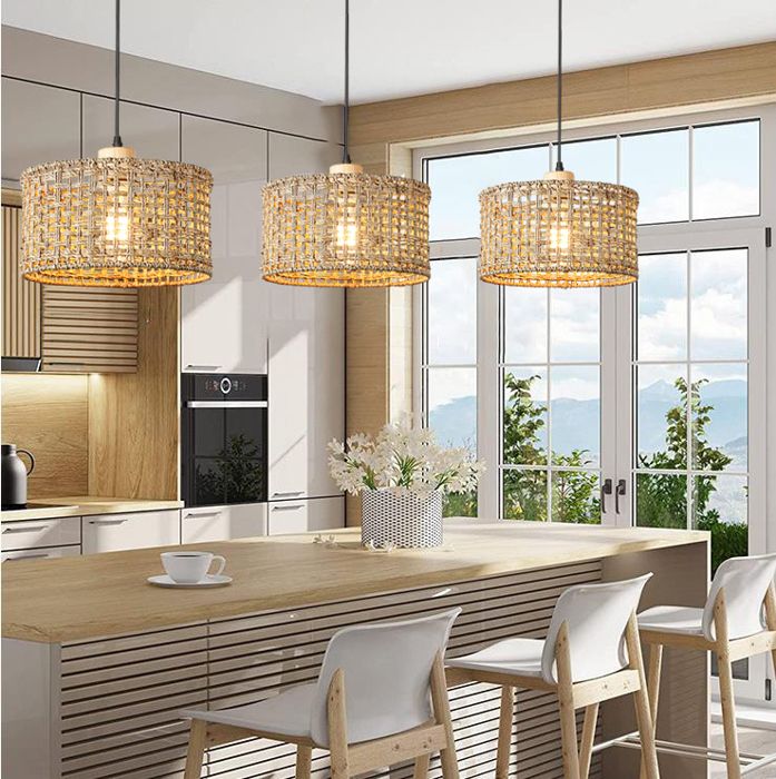 iDEGU 3pcs Lustre Industriel Tissé Suspenison Luminaire Vintage en Rotin et Bois E27 Lampe Plafonnier Rétro Style Bohème pour Salon