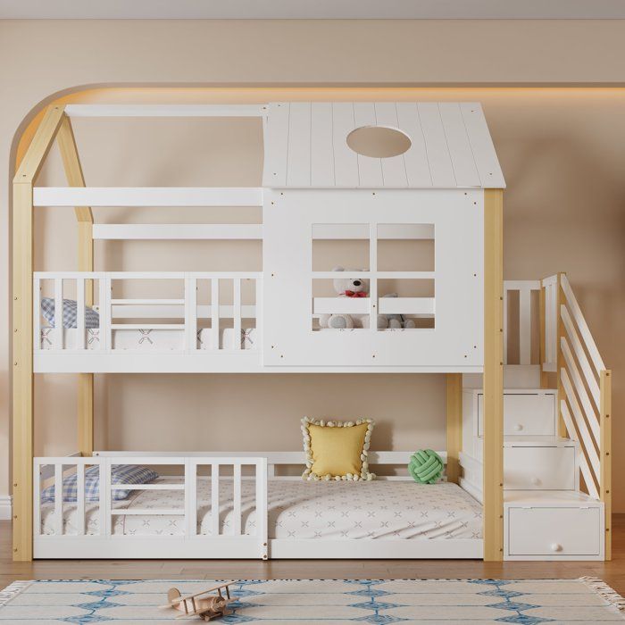 Lit Superposé Enfant 90x200cm Échelle de Rangement et Barrière SécuritéDesign Maison avec Fenêtre/Toit - Pin et MDF