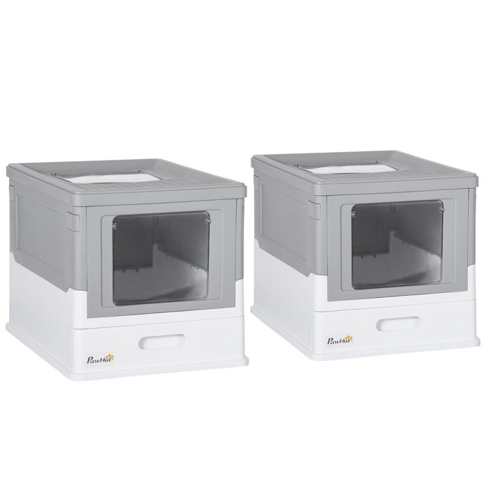 Meilleurs prix pour Lot de 2 bacs à litière pour chat - PawHut - pliable - double porte battante et supérieure pelle tiroir à litière - gris blanc