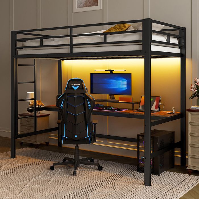 Lit mezzanine 90x200 cm rampe escabeau table avec USB et prise bande lumineuse éclairage dambiance compatible métal noir