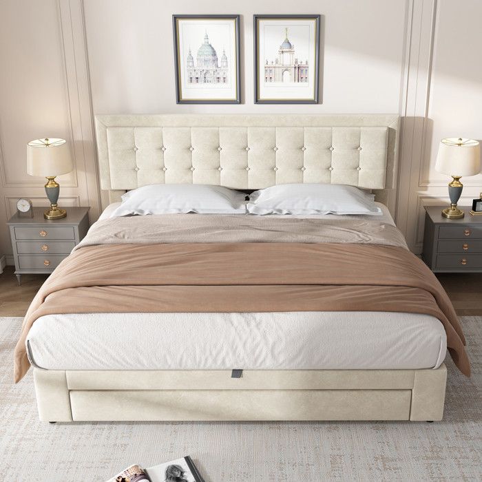 Lit Double 160X200 cm avec Rangement et Tiroirs Sommier a Lattes Lit Coffre Lit Double Grand Espace de Rangement Velours Beige