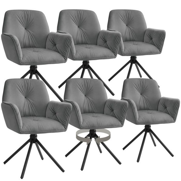 Chaise - TECTAKE - Lot de 6 fauteuils LENIA pivotants en velours rembourré pieds en acier 565 x 54 x 86 cm - Anthracite/Noir