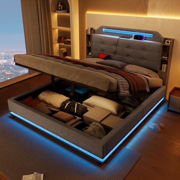 lit capitonné 140x200cm avec LED lit hydraulique avec espace de rangement lit coffre lit double avec USB+TYPE-C lin gris