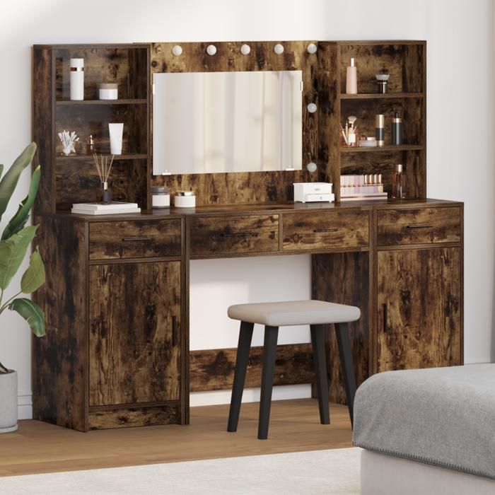 Ensemble de Coiffeuse 3 Pièces en Chêne Fumé en Bois d Ingénierie