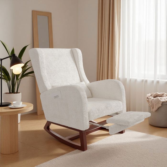 Fauteuil à bascule avec un repose jambes télescopique ADWOLT rocking chair sac de rangement tissu en velours teddy beige