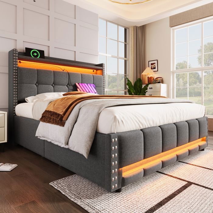 Lit rembourré 160*200cm avec éclairage LED et prise USB Tête de lit avec étagères et espace de rangementGris