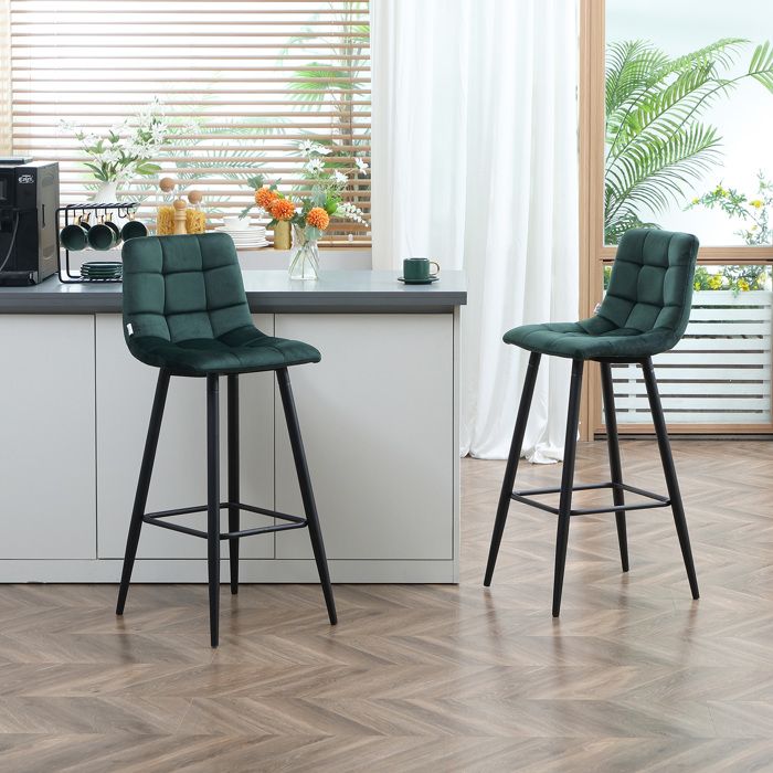 Lot de 2 tabourets de bar 4 pieds en acier Chaise haute bar vert foncé Design Tabouret en velours capitonné hauteur 77 cm