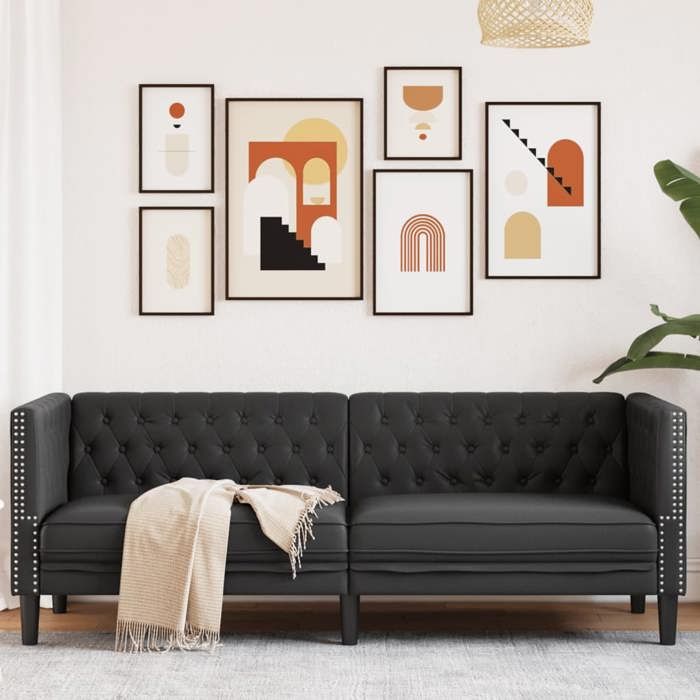 Canapé Chesterfield 3 places - vidaXL - Similicuir - Noir - 194x74.5x70.5 cm - Siège 178 cm - Profondeur 59 cm