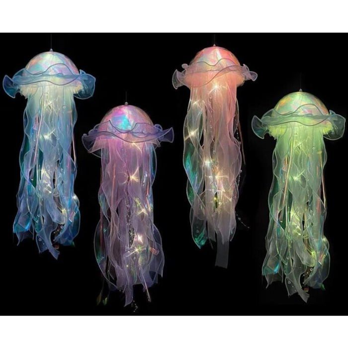 Lanternes méduses lumineuses - MICH - Lot de 4 - Alimentées par piles - 55 cm - Rose violet vert bleu