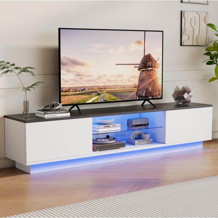 Meuble TV de salon - Meuble TV moderne 140 cm - Blanc - Éclairage LED - 2 portes en verre - Meuble de rangement
