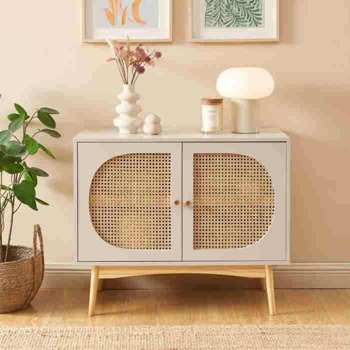 Buffet SIXTINE gris perle et cannage rotin 90cm Buffet SIXTINE gris perle et cannage rotin 90cm