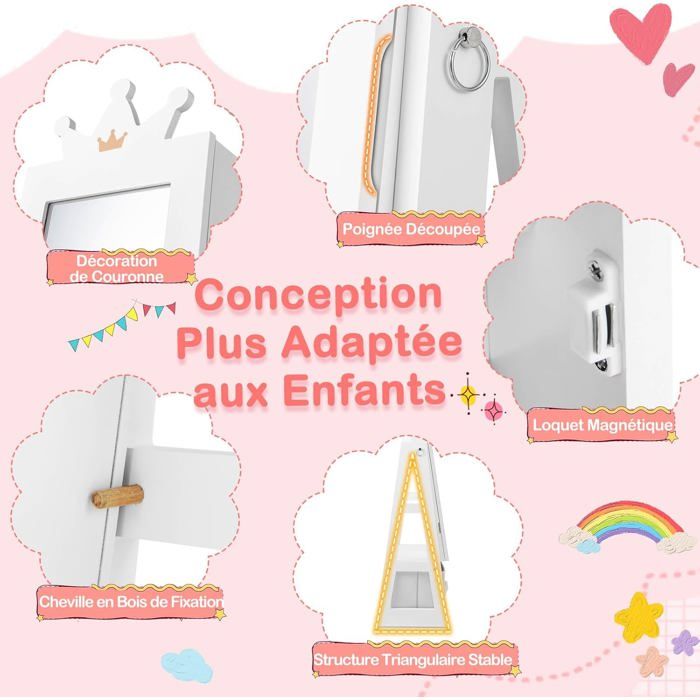 GIANTEX Armoire à Bijoux pour Enfants avec Miroir Plein Longueur avec Tiroir Pliable-Système Anti-basculement Blanc