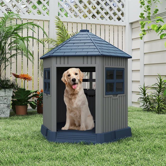 GIANTEX Niche pour Chien Exterieur/Interieur 76 x 90 x 96 cm Porte de 51 x 33 cm pour Petite et Moyenne Taille Bleu