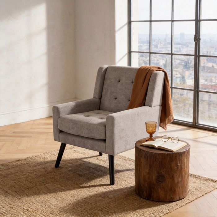Fauteuil de Salon Scandinave en Tissu Capitonné Gris - Siège Rembourré en Lin et Pieds en Bois Massif - Stable et Retro