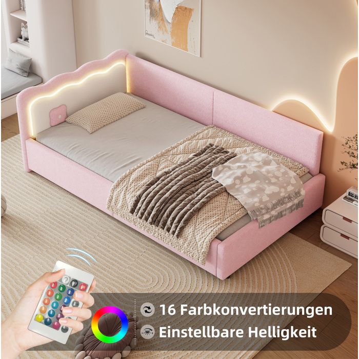 Lit banquette enfant 90×200 cm avec LED. lit simple. sommier à lattes. tissu imitation laine. sans matelas. rose