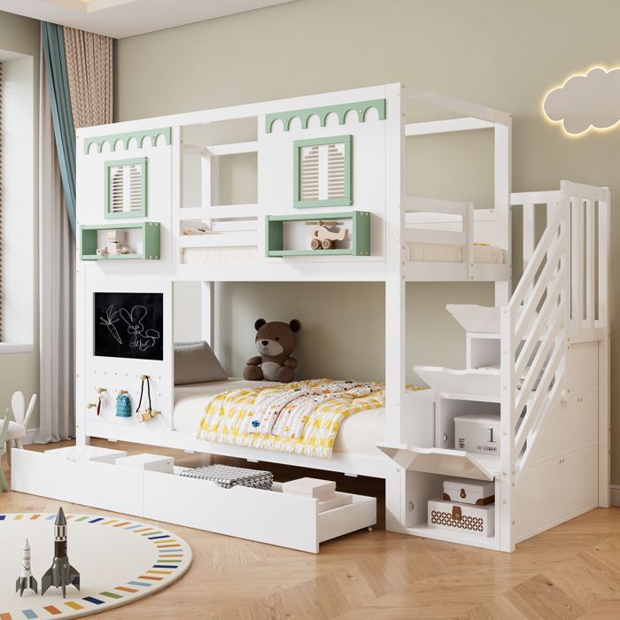 Lit Superposé Enfant Cabane 90x200 cm avec Tableau Ardoise Escalier Rangement 3 Marches et 2 Tiroirs - Pin + MDF - Blanc et Vert