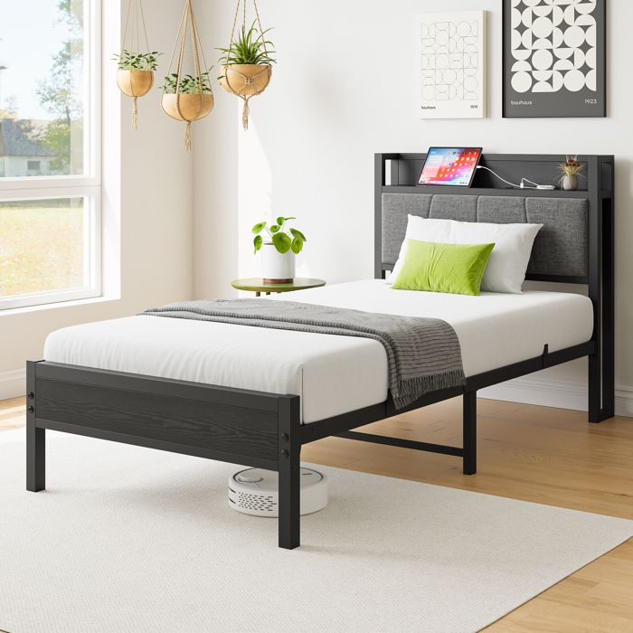 Lit Simple Métal Noir 90x200 Cm Tête Capitonnée Double Port USB - Cadre Stable Moderne Pour Chambre Ado Sans Matelas