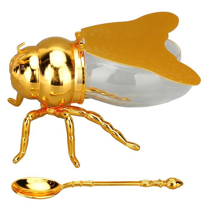 Pot à Miel Abeille Verre Doré avec Cuillère Distributeur Décoratif Ensemble Récipient Miel dupcheliry