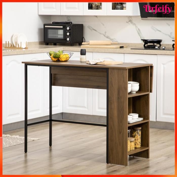 9515 Ilot centra table de bar plateau latéral rabattable et 3 étagères 120 x 76 x 914 cm marron