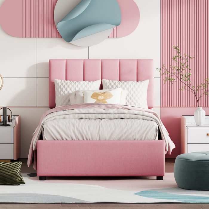 Lit coffre 90x200 cm Lit pratique avec structure métallique en lin Sans Matelas Rose