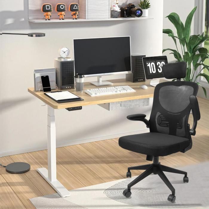 YIYI. LOT DE 1 CHAISE DE BUREAU AVEC APPUI-TÊTE CHAISE PIVOTANTE EN MAILLE NOIR 49*52*111-121CM