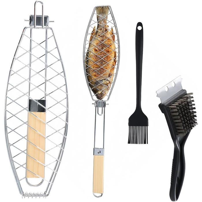 Grille Barbecue pour Poisson 35 5x12cm Poignée Amovible et Pliable Maille Anti-Adhésive Panier Barbecue Acier Inoxydable avec