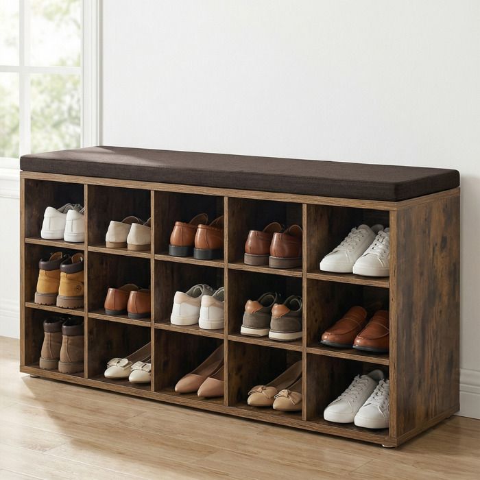Meuble à chaussures pas cher Banc de Rangement avec Siège Rembourré 15 Compartiments Étagères Réglables pour Salon Couloir Meuble à chaussures pas cher Banc de Rangement avec Siège Rembourré 15 Compartiments Étagères Réglables pour Salon Couloir