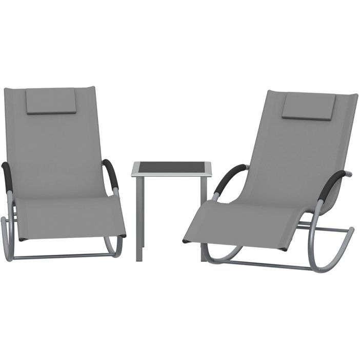 Ensemble Salon De Jardin 3 Pcs2pcs chaises Longues de Jardin en Fer+1 table d’appointFauteuils inclinables avec coussinsgris