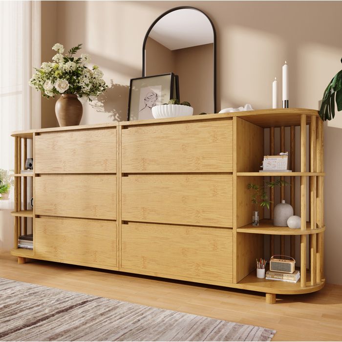 Buffet bas 160 cm 6 tiroirs et étagères ouvertes - TCQPZ - design rétro-romain en MDF et bambou couleur chêne