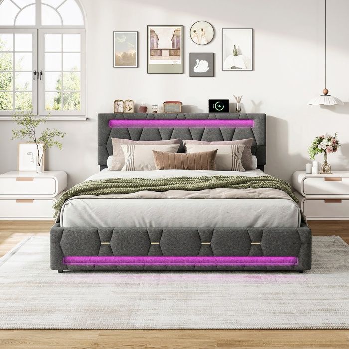Lit rembourré lin 160x200 cm lit double adulte avec 4 tirors et LED compris tête de lit et sommier à lattes gris