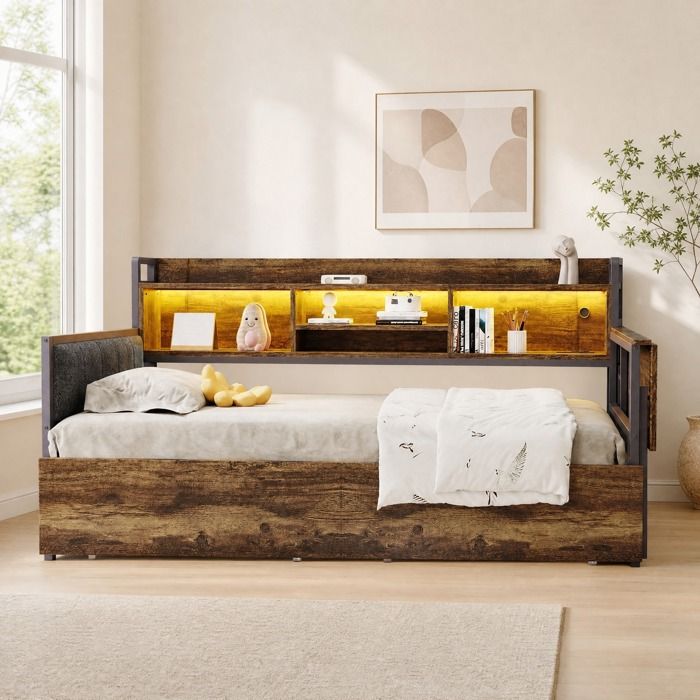 Lit combiné 1 place 90×200 cm LED 2 tiroirs bureau escamotable et prise multifonction - BEAUNIV - sans matelas