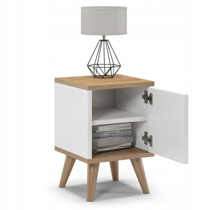 Table de chevet scandinave Oslo 30x30x45 cm porte réversible gauche/droite blanc et chêne meuble compact