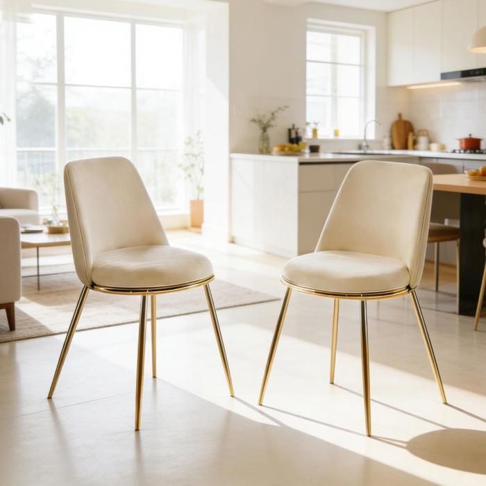 Chaise de salle à manger - KOMHTOM - Design moderne - Velours crème - Pieds métal doré - Dossier haut confort