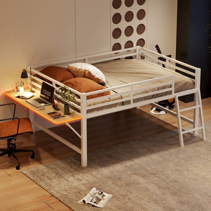 Lit superposé - 140 x 200 cm - Métal blanc - Bureau pliant multifonction - LED dambiance
