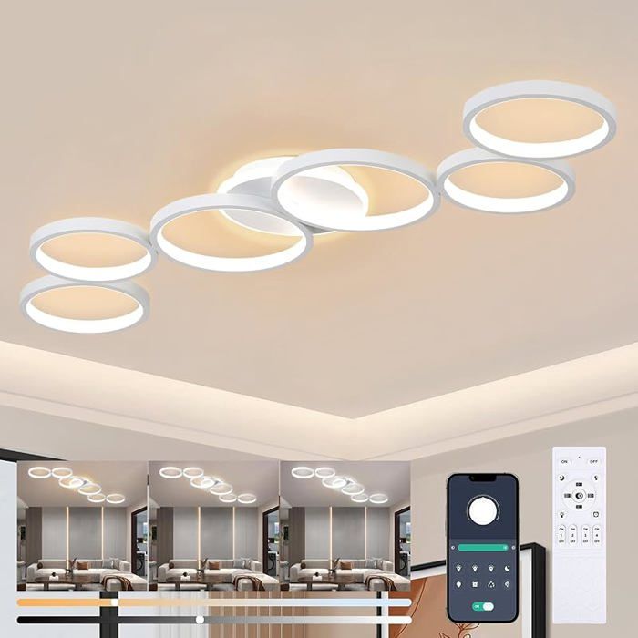 LED Plafonnier Dimmable de Salon Blanc Lampe de Salon Lampe de Chambre à Coucher Telecommande et APP Moderne 6 Blanc LUSTRE