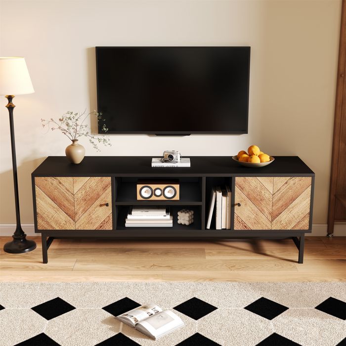 Meuble TV 150 cm EVRYAE - 2 placards 3 niches de rangement pieds en fer avec barre de renfort - Noir et naturel